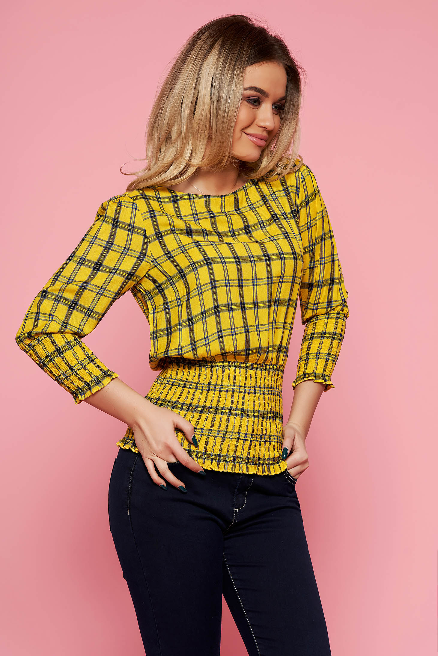 Top Secret yellow casual women`s blouse airy fabric with chequers with elastic waist