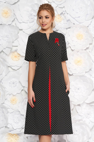 Black office midi a-line dress slightly elastic fabric with pockets accessorized with breastpin