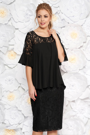 Black occasional midi pencil dress laced from veil fabric with inside lining with ruffled sleeves