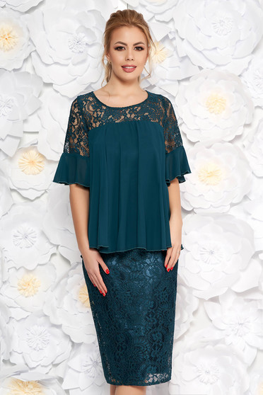 Darkgreen occasional midi pencil dress laced from veil fabric with inside lining with ruffled sleeves