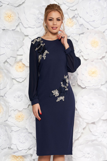 Darkblue elegant midi pencil dress with inside lining scuba and veil fabric