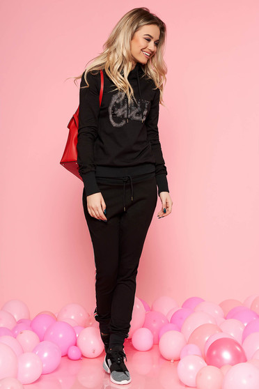SunShine black casual set slightly elastic cotton with crystal embellished details with elastic waist
