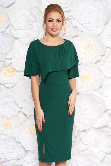Darkgreen daily pencil dress from elastic fabric with tented cut short sleeve