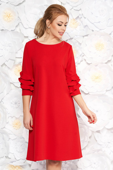 Red elegant flared dress slightly elastic fabric with ruffled sleeves