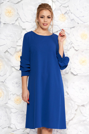 Blue elegant flared dress slightly elastic fabric with ruffled sleeves