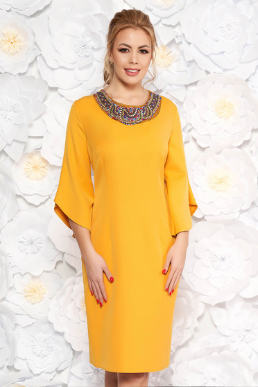 Mustard elegant pencil dress slightly elastic fabric with 3/4 sleeves with small beads embellished details