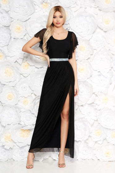 Black occasional long dress from tulle with butterfly sleeves cloche with bright details