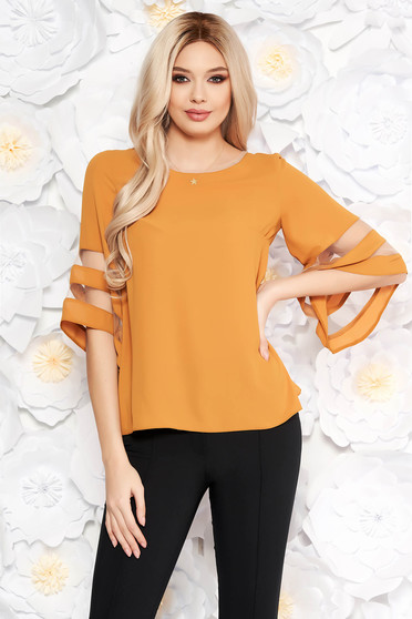 Mustard elegant flared women`s blouse airy fabric with bell sleeve