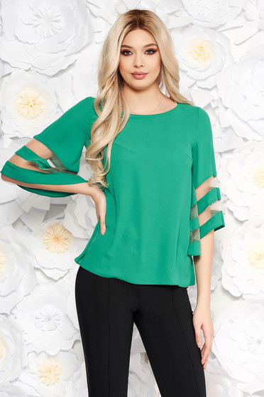 Green elegant flared women`s blouse airy fabric with bell sleeve
