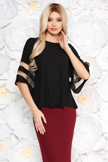 Black elegant flared women`s blouse airy fabric with bell sleeve