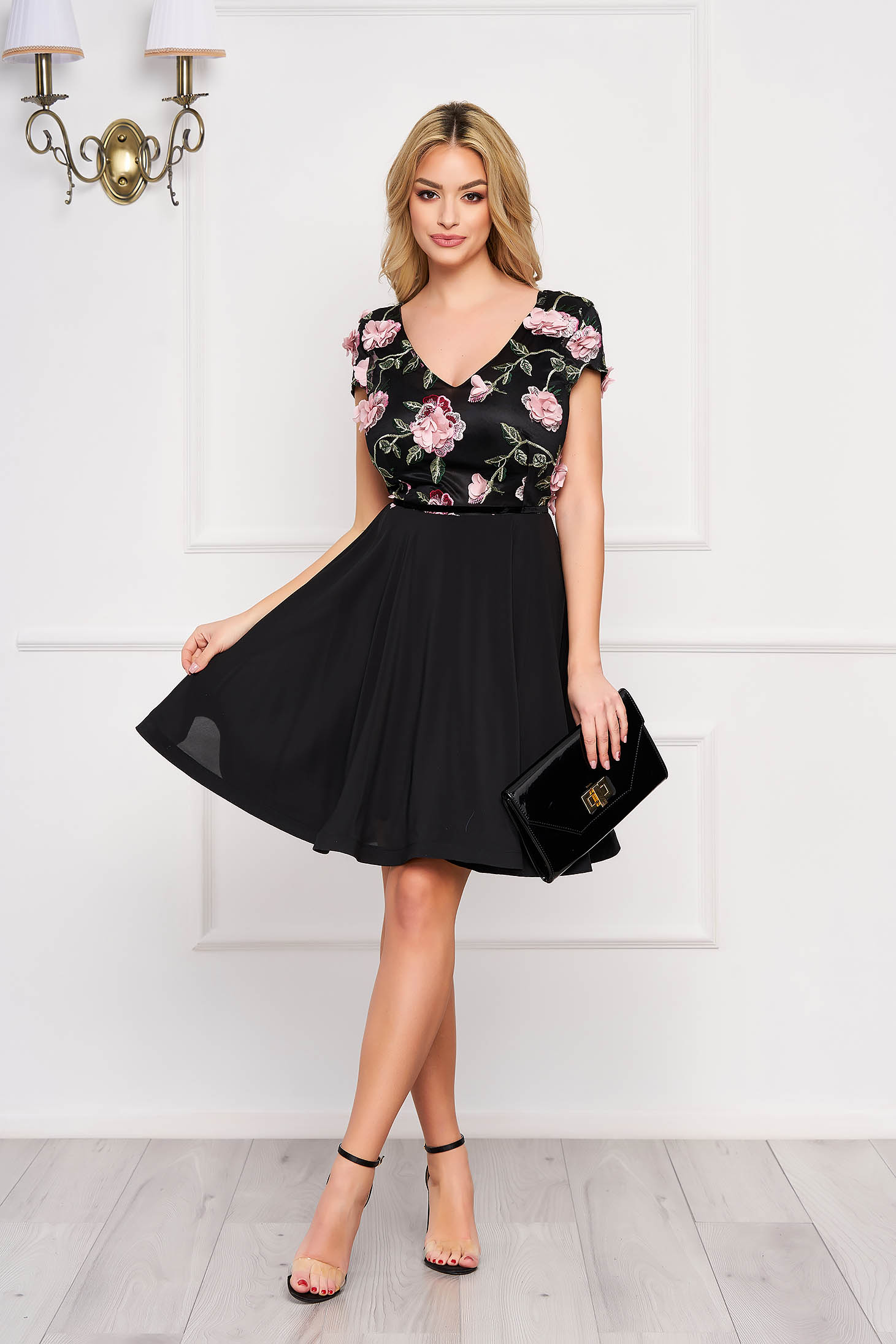 StarShinerS black occasional cloche dress voile fabric with v-neckline embroidered with floral details with 3d effect