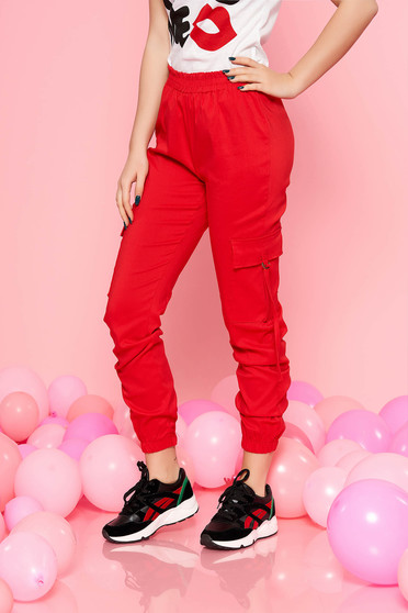 SunShine red trousers with elastic waist with medium waist with pockets casual