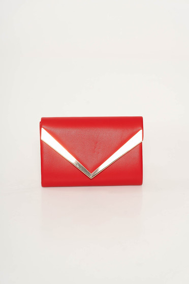 Red clutch bag from ecological leather long chain handle with metalic accessory