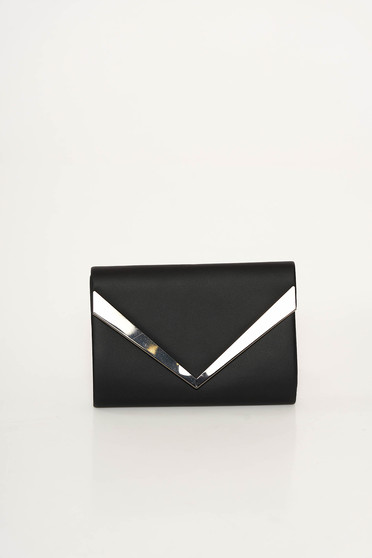 Black clutch bag from ecological leather long chain handle with metalic accessory
