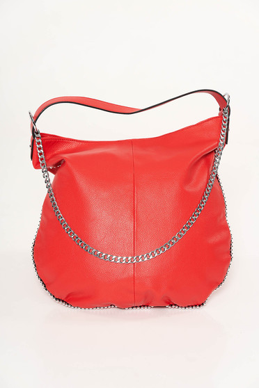 Red casual bag from ecological leather metallic chain accessory