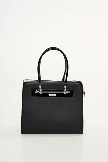 Black office bag from ecological leather short handles