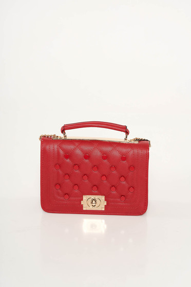 Red casual bag from ecological leather metallic chain accessory