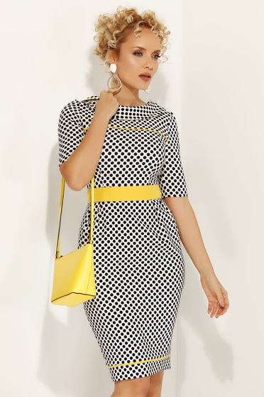 Fofy yellow office pencil dress slightly elastic fabric accessorized with tied waistband with dots print