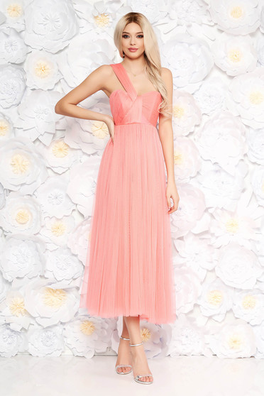 Ana Radu peach dress luxurious midi cloche from tulle with inside lining sleeveless