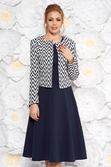 Darkblue lady set office slightly elastic fabric flaring cut with geometrical print