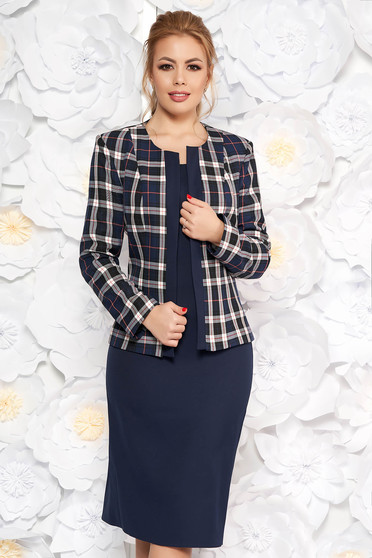 Darkblue lady set office slightly elastic fabric with straight cut short sleeves