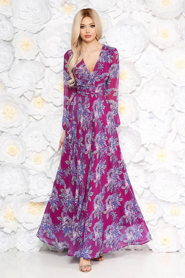 Purple long cloche dress long sleeved with floral prints with elastic waist