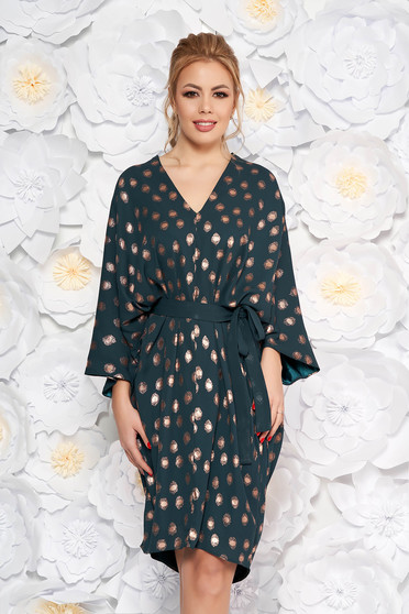 Darkgreen dress with easy cut with dots print with bell sleeve
