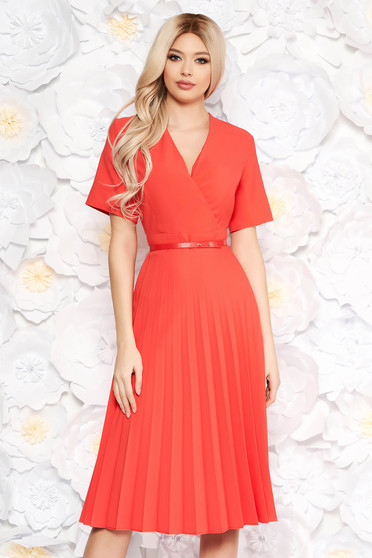 Coral dress pleats of material with v-neckline flaring cut