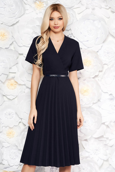 Darkblue dress pleats of material with v-neckline flaring cut