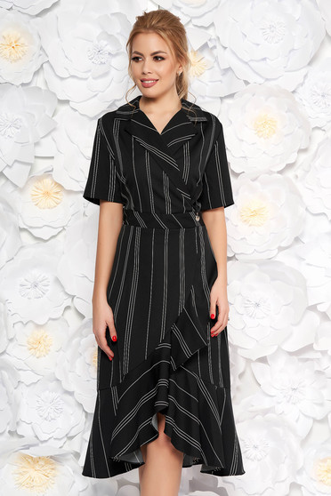 Black daily dress short sleeves with ruffles at the buttom of the dress with v-neckline