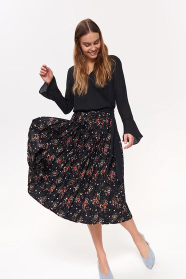 Top Secret black casual women`s blouse accessorized with tied waistband with v-neckline