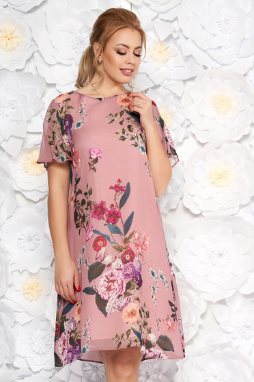 Pink elegant flared dress airy fabric with floral prints