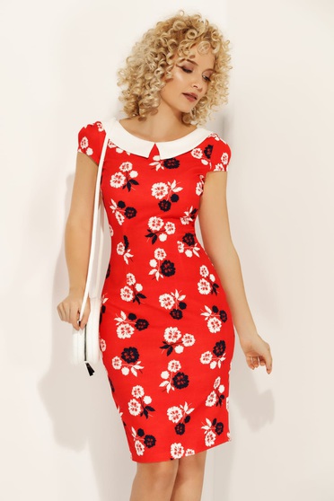 Fofy red dress daily pencil with floral print slightly elastic fabric