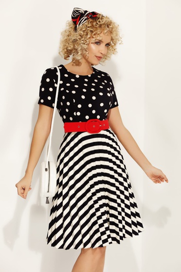 Fofy darkblue daily cloche dress dots with stripes slightly elastic fabric accessorized with belt