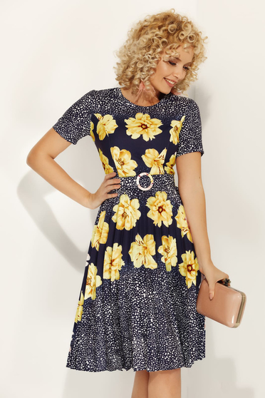 Fofy yellow daily cloche dress slightly elastic fabric with floral print accessorized with belt