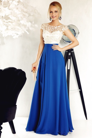 Fofy blue occasional cloche dress from veil fabric with inside lining with floral details with 3d effect