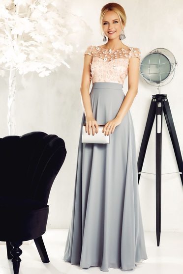Fofy grey occasional cloche dress from veil fabric with inside lining with floral details with 3d effect