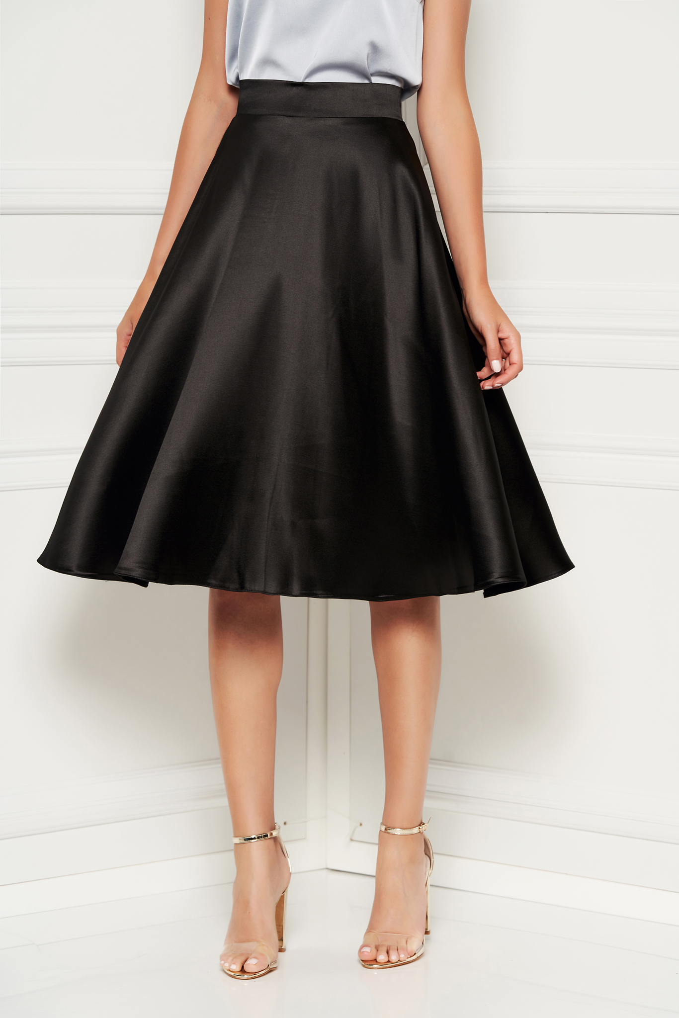 Starshiners Black Elegant High Waisted Cloche Skirt From Satin 5328