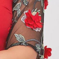 Rochie din stofa elastica rosie pana la genunchi cu maneci din tulle cu flori 3D - StarShinerS
