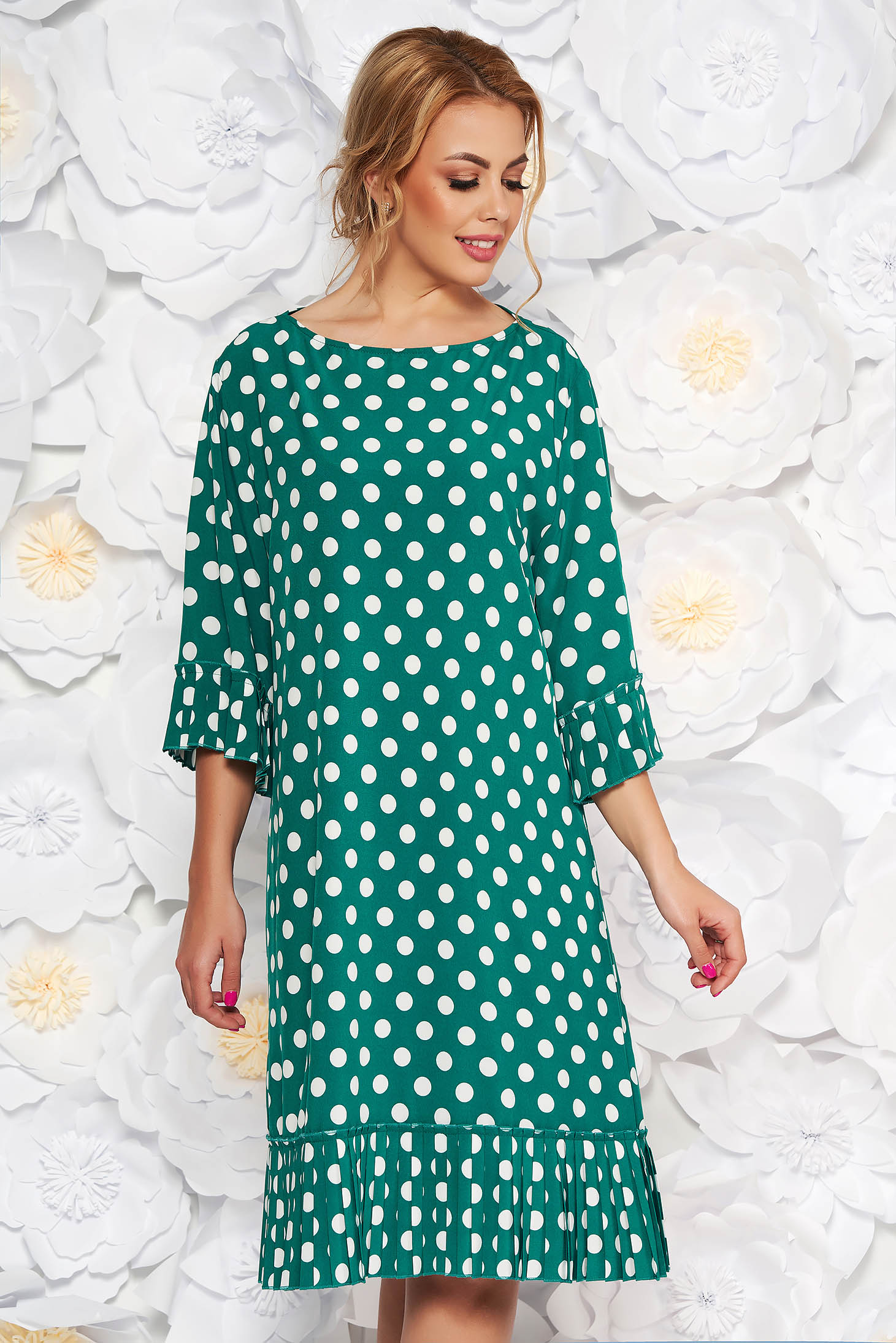 Green daily flared dress with bell sleeve thin fabric dots print 1 - StarShinerS.com