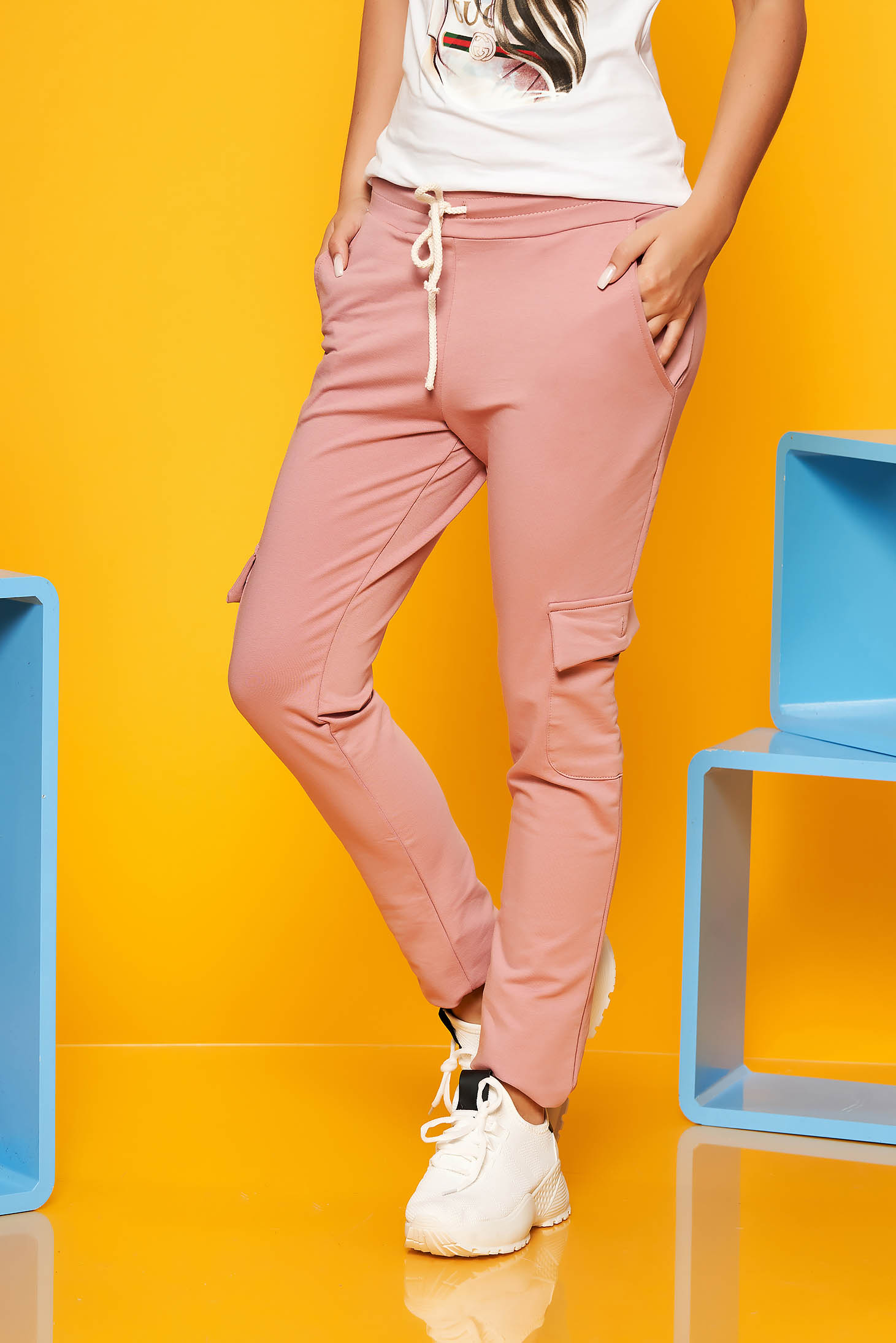Rózsaszínű SunShine casual nadrág derékban rugalmas zsebes enyhén elasztikus pamut 1 - StarShinerS.hu