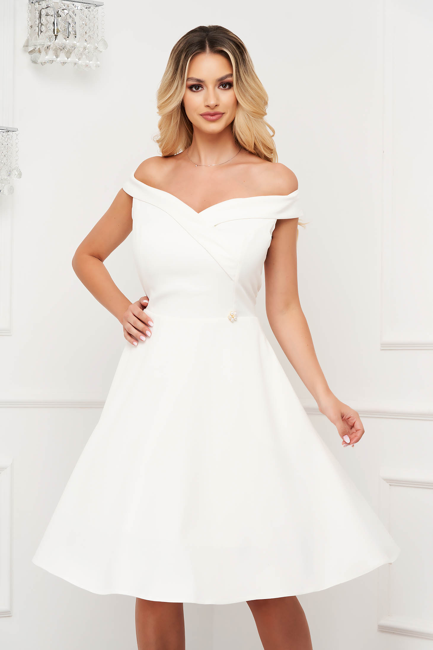 StarShinerS white occasional elegant cloche dress with a cleavage off shoulder flexible thin fabric/cloth