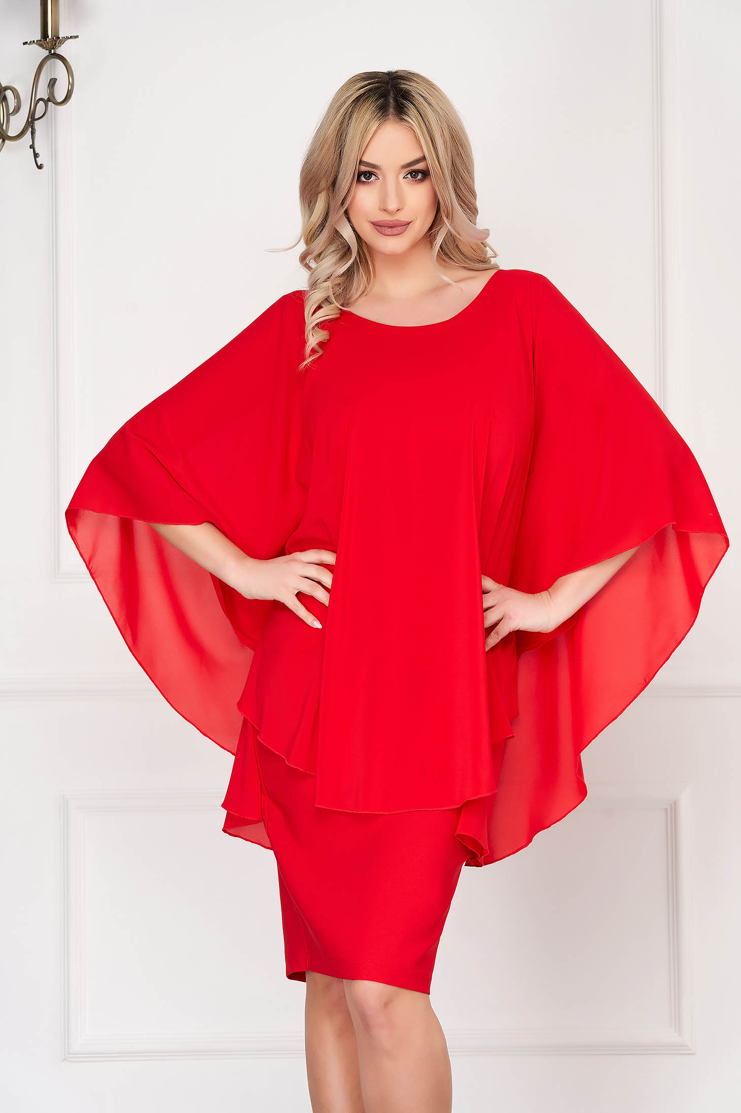 Rochie StarShinerS rosie eleganta midi tip creion din stofa cu suprapunere cu voal