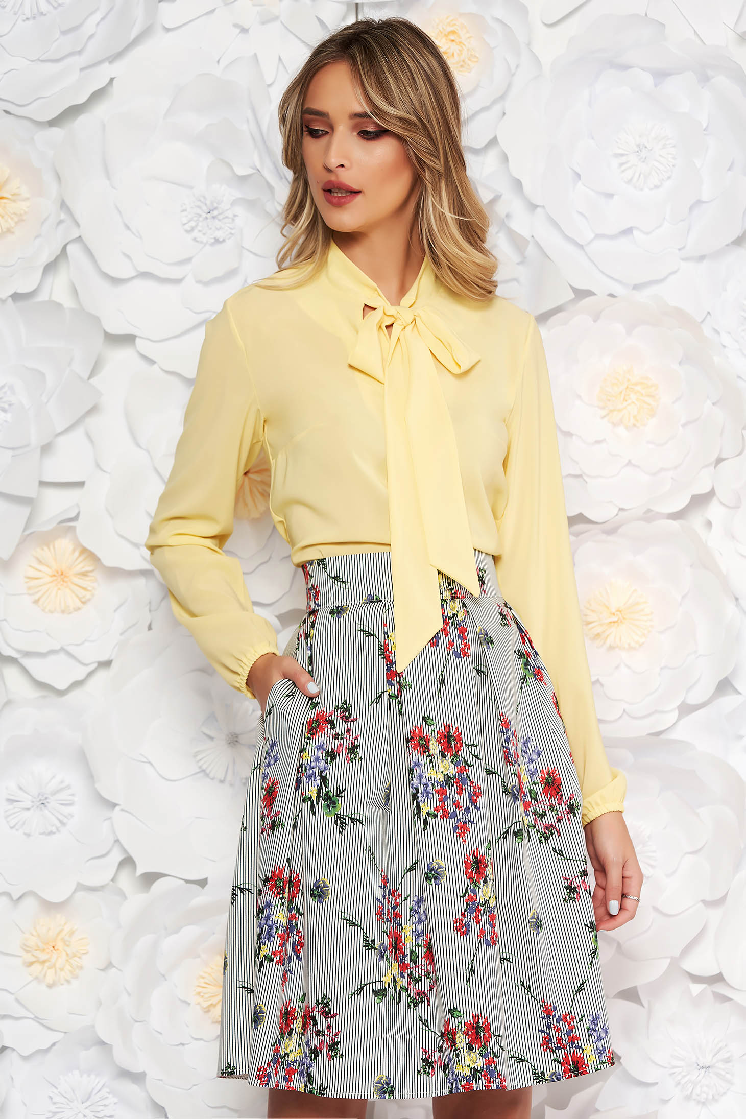 Set StarShinerS galben elegant din 2 piese cu fusta croi in clos