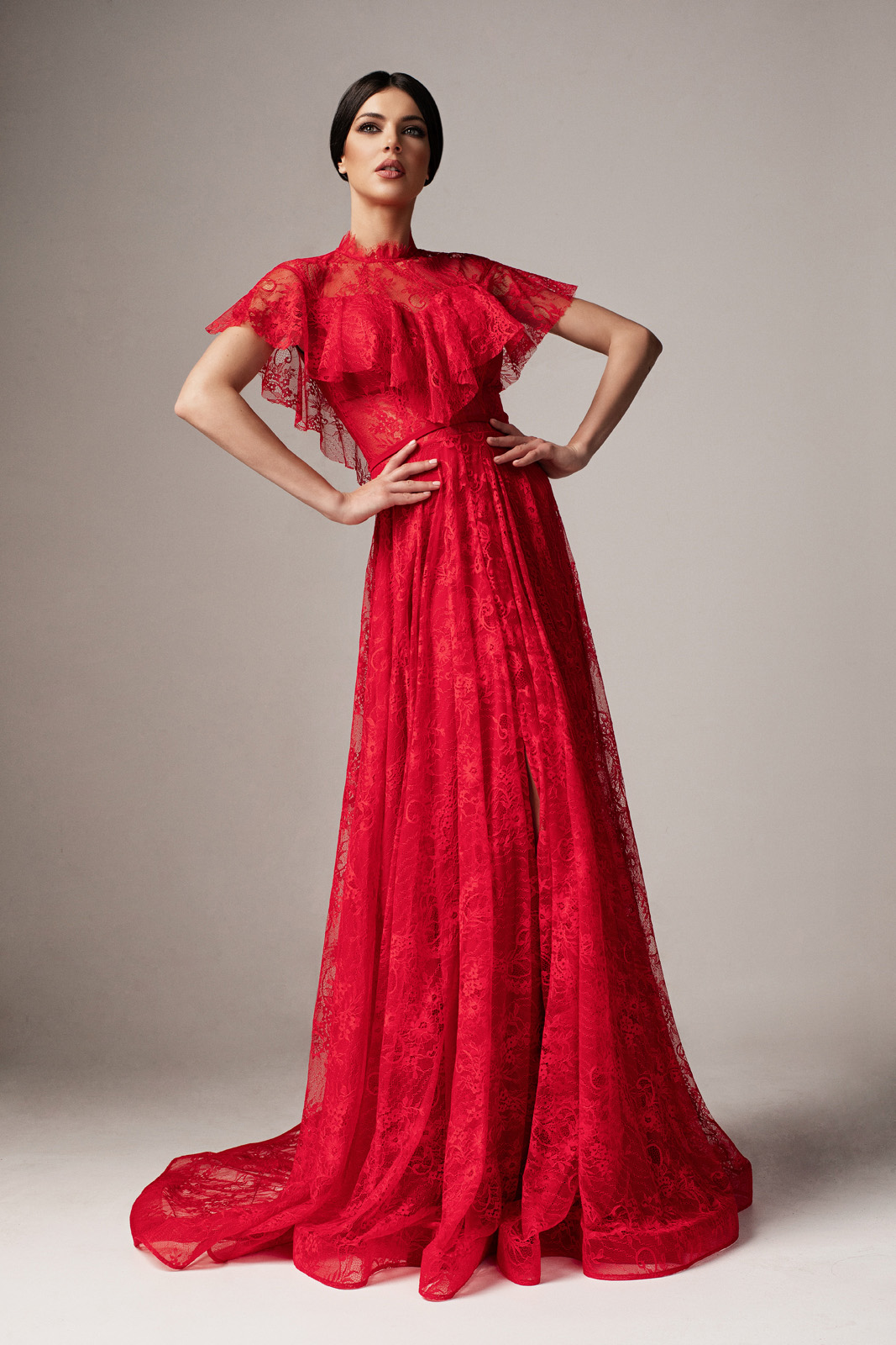 Ana Radu red occasional cloche dress laced with ruffle details with ...