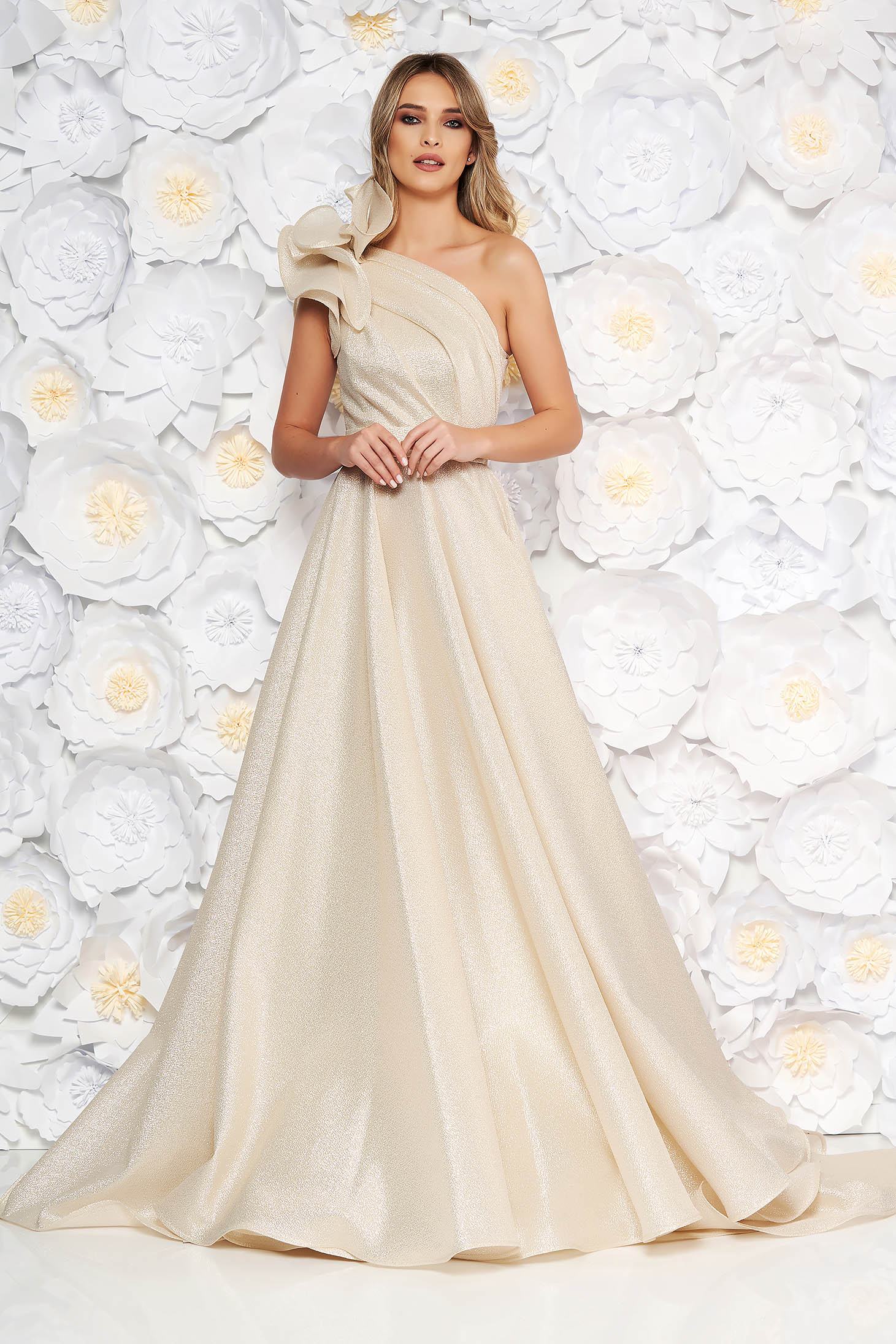 Ana Radu gold luxurious cloche dress nonelastic fabric with metallic aspect with inside lining with ruffle details
