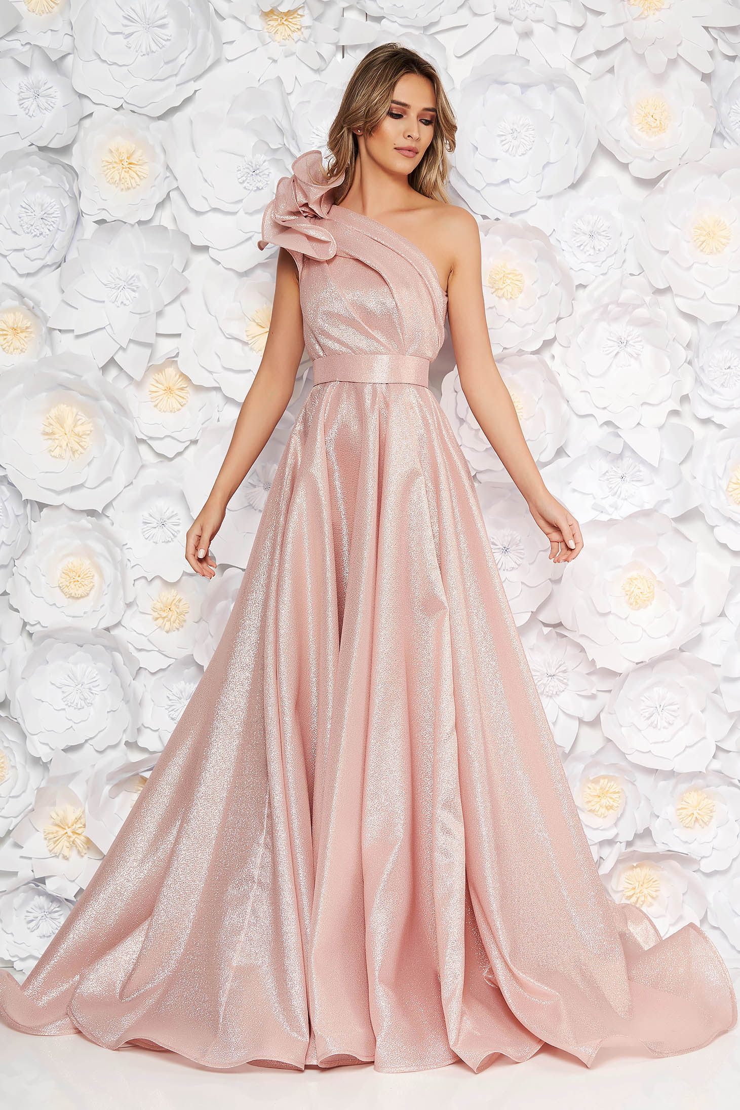 Ana Radu rosa luxurious cloche dress nonelastic fabric with metallic aspect with inside lining with ruffle details