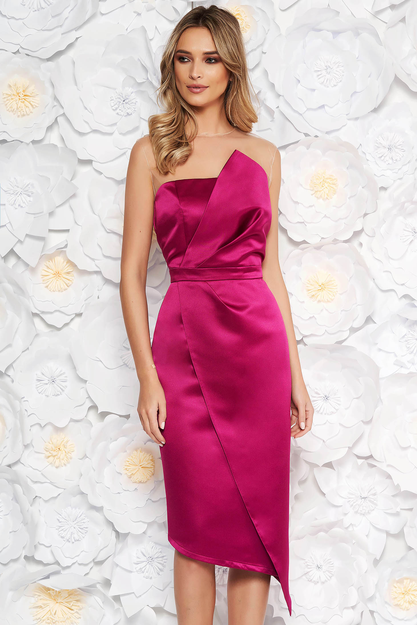 Rochie fuchsia de ocazie midi tip creion din satin fara maneci