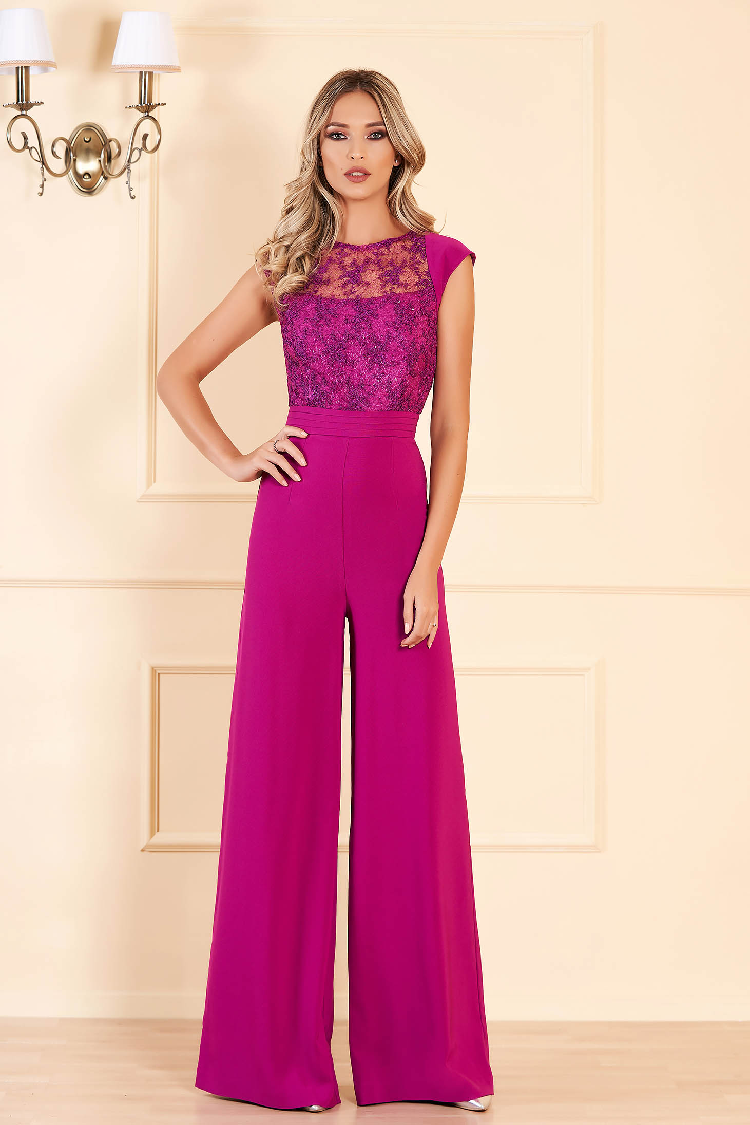 Purple occasional jumpsuit flaring cut short sleeve from laced fabric ...