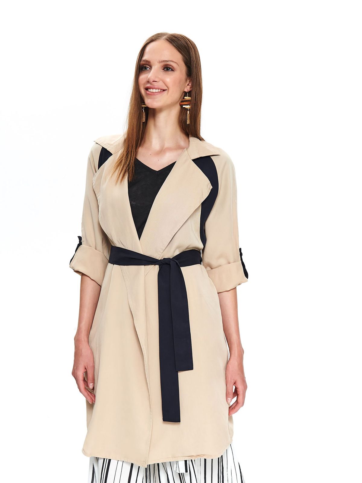Nude coat loose fit accessorized with tied waistband nonelastic fabric